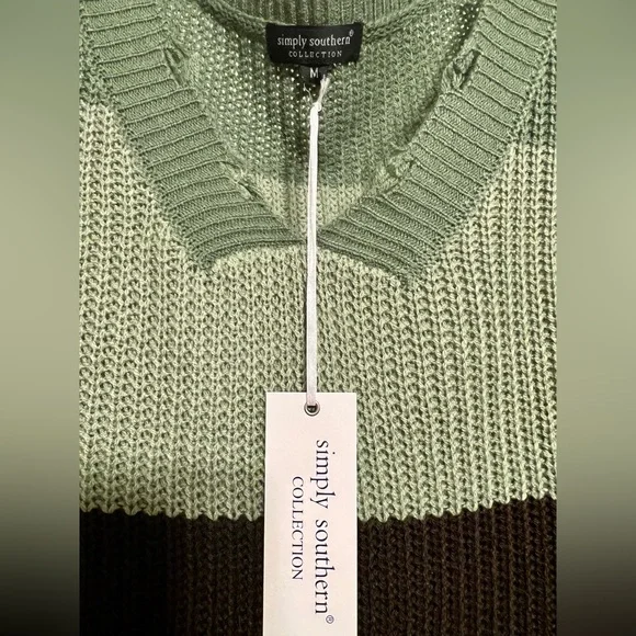 Women’s Simply Southern Green and Brown Striped Distressed Sweater Size Medium - Picture 3 of 12